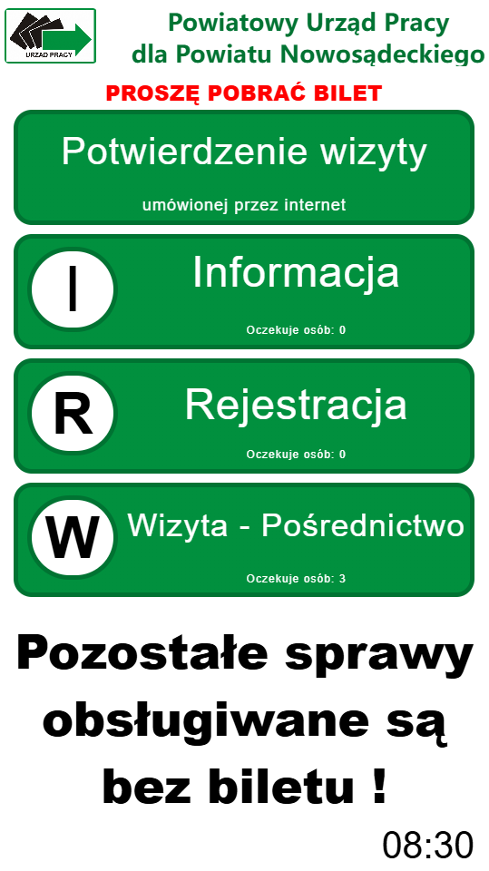 Zdjęcie przedstawia ekran główny biletomatu do pobierania biletów dla klientów PUPPN